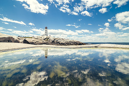 body of water, white lighthouse and beach during daytime thumbnail