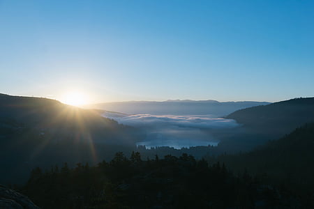 silhouette, trees, mountain, sunrise, morning, mountains thumbnail