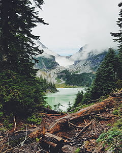 trees near lake across mountain covered with snow under white clouds blue skies thumbnail