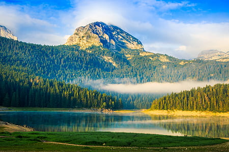 lake near pine trees under blue and white sky thumbnail