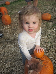 girl wearing white long-sleeved shirt holding pumpkin and teddy bear thumbnail