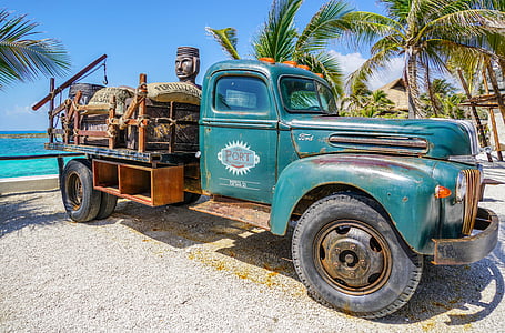 classic blue single cab truck parked beside seashore thumbnail
