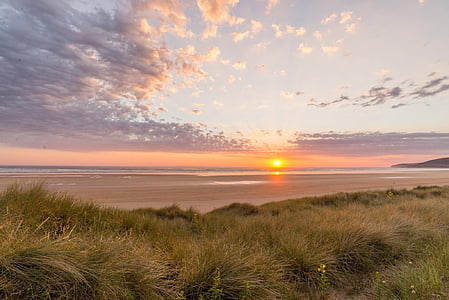 photo of green grass filed near ocean during golden hour thumbnail
