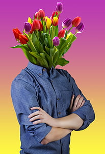 man wearing blue dress shirt with tulips flower bouquet head thumbnail