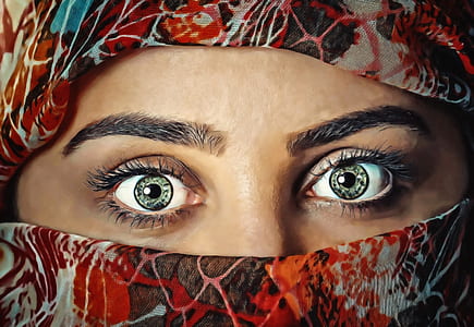 woman covered with gray, red, and black floral scarf thumbnail