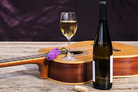 wine bottle and glass filled with wine on guitar thumbnail