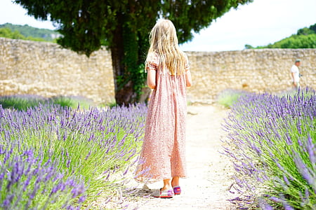 girl wearing pink dress beside lavender flower field thumbnail