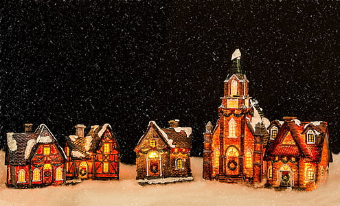 five miniature porcelain buildings under snow thumbnail