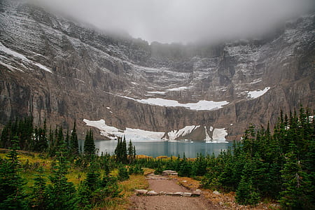 lake between tall trees and rocky mountain thumbnail