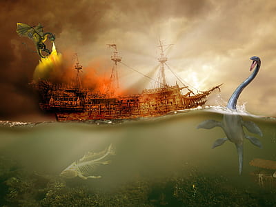 brown pirate ship surrounded with sea-creatures and dragon painting thumbnail