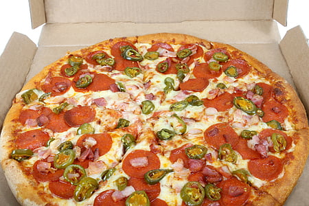 baked pizza in cardboard box thumbnail