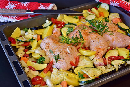 roasted chicken on gray steel tray thumbnail