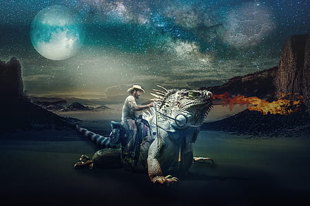 man riding on gray iguana painting thumbnail