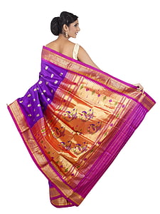 woman wearing gold and purple sari dress thumbnail