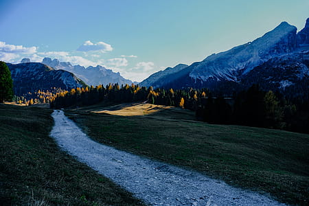 Gray Pathway Between Green Grasses Near Snow Capped Mountain thumbnail