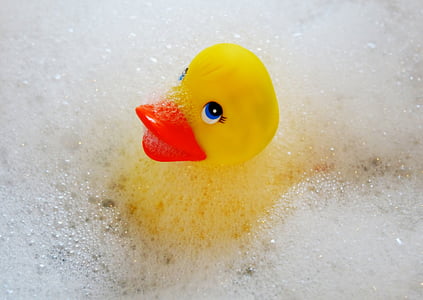 yellow rubber duckling in water with soap thumbnail