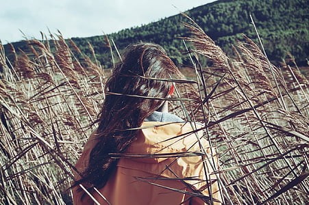 woman in yellow hoodie surrounded by high grasses during daytime thumbnail