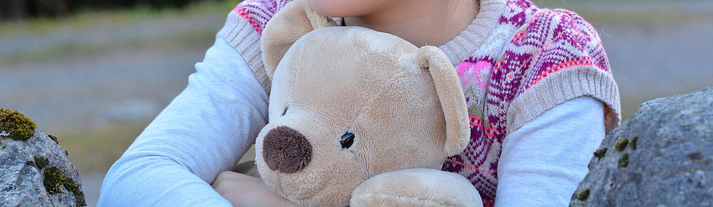 girl hugging brown bear plush toy thumbnail