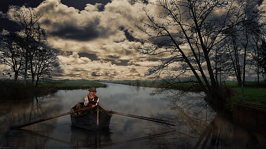 man sailing a boat on narrow river graphic wallpaper thumbnail