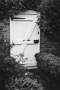 closed white wooden door surrounded with bushes thumbnail