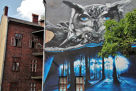 gray and yellow owl and trees painted wall thumbnail