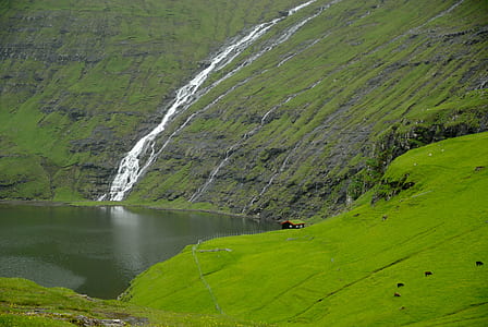waterfalls on green mossy mountain during daytime thumbnail