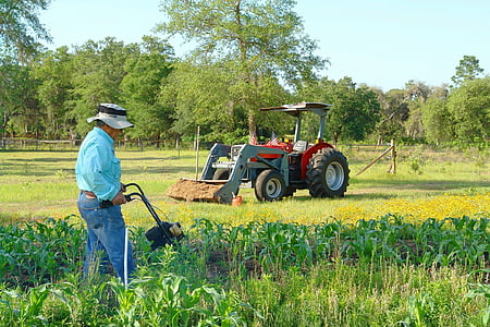 man standing on grasses near red tractor thumbnail