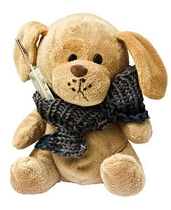 brown bear wearing crocheted scarf and thermometer on neck plush toy thumbnail