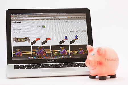 pink pig coin bank beside MacBook Pro thumbnail