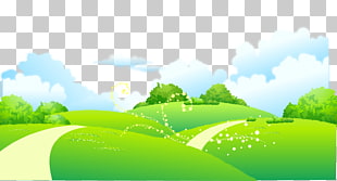 Landscape Drawing Euclidean Illustration, Cartoon painted green meadow on the outskirts of the road trees, green grass near trees illustration PNG clipart