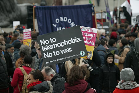 group of people holding no to islamophobia. no to war banner thumbnail