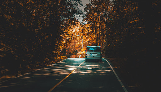 Van driving under the trees on the road thumbnail