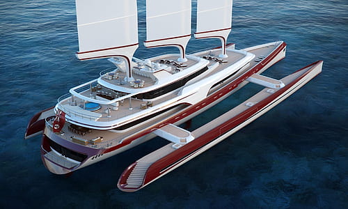 white and red catamaran on body of water thumbnail