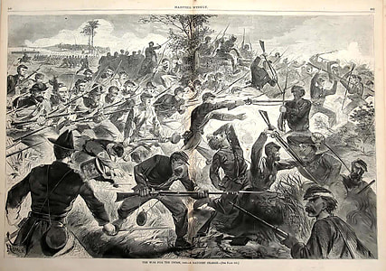 Union forces performing a bayonet charge, 1862 during a battle thumbnail
