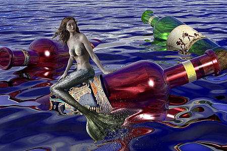 mermaid sitting on wine bottles on body of water painting thumbnail