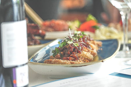 Fried Food Dish In Rectangular Blue Ceramic Plate thumbnail