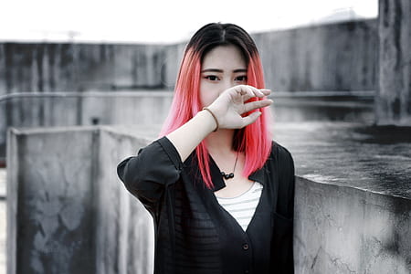 woman wearing black dress shirt in selective color photography thumbnail