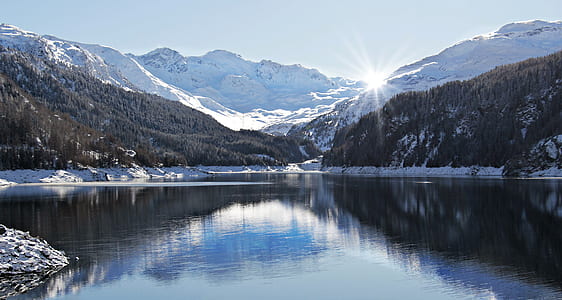 snow mountain near calm body of water thumbnail