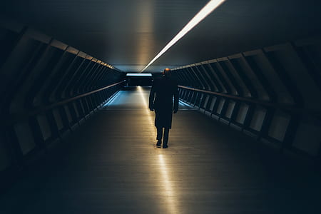 Man on Escalator in Illuminated Room thumbnail