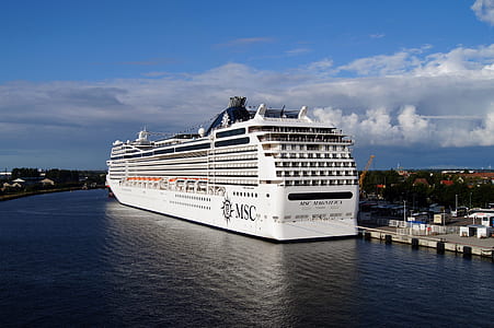 white MSC cruise ship on dock at daytime thumbnail
