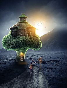 man and girl walking in a gray pathway behind green tree house thumbnail