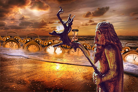 man holding stick and twin bell alarm clock in body of water painting thumbnail