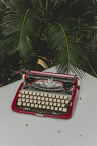 red and white typewriter on white table beside green sago palm tree thumbnail