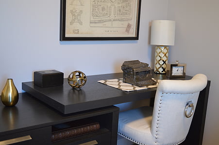 black wooden knee hole desk with chair thumbnail