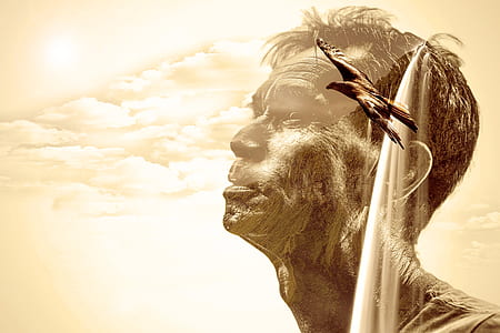 face of a man with flying brown bird digital wallpaper thumbnail