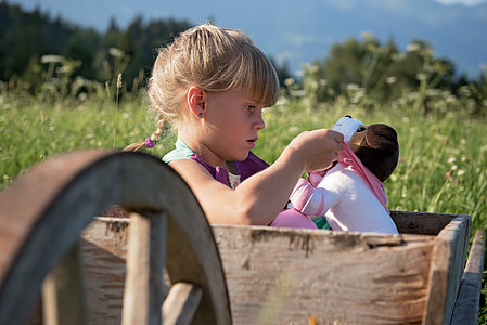in in purple top inside brown wooden wagon near green grass and green leaved trees during daytime thumbnail