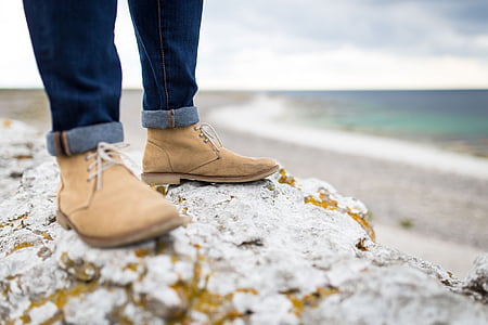 standing person wearing blue denim jeans and brown leather shoes thumbnail