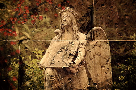 beige angel statue near red fruit tree painted on wall thumbnail