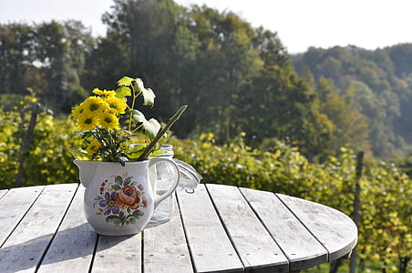 yellow petaled flowers in white vase with view of trees in the background thumbnail