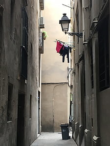 alley photography of black garbage bin between building thumbnail